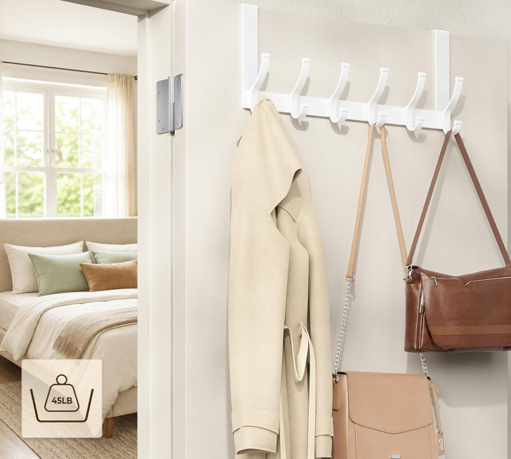 Over-The-Door Hook For Coats And Hats; White, Single-Unit Bathroom Towel Rack