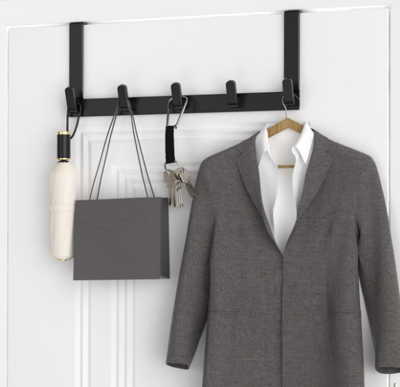 Over-The-Door Storage Rack With 5 Hooks; Heavy-Duty, Matte Black - Image 2