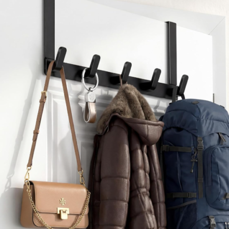Over-The-Door Storage Rack With 5 Hooks; Heavy-Duty, Matte Black