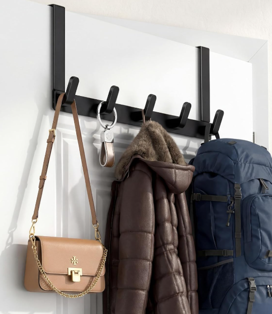 Over-The-Door Storage Rack With 5 Hooks; Heavy-Duty, Matte Black