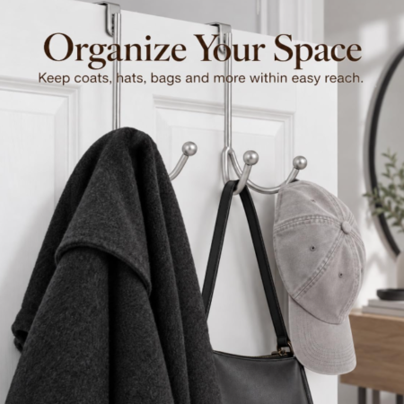 Over-The-Door Double-Hook Rack; Metal, Silver, 2-Piece Set