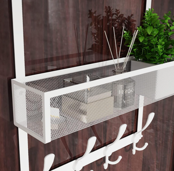 Over-The-Door Storage Rack With 12 Hooks And 2 Mesh Baskets; White