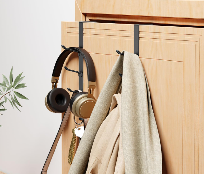 Over-The-Door Rack With 16 Hooks; Vertical Towel Rack, Black, 4-Piece Set - Image 2