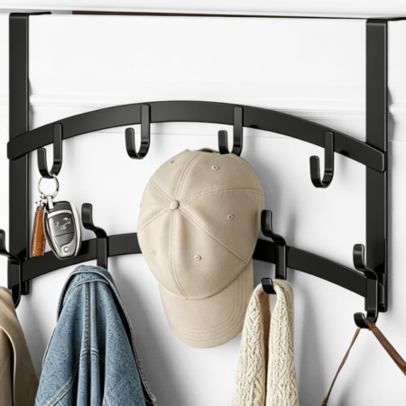 Double-Tier Over-The-Door Storage Rack With 14 Hooks; Black, Stainless Steel