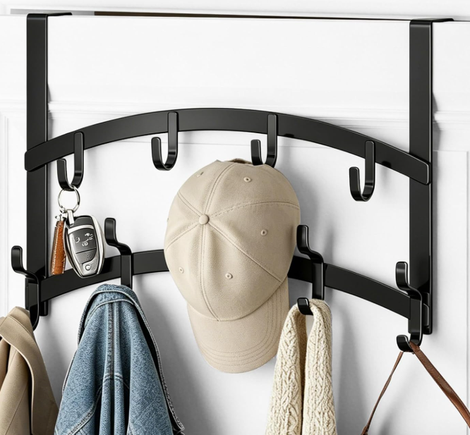Double-Tier Over-The-Door Storage Rack With 14 Hooks; Black, Stainless Steel