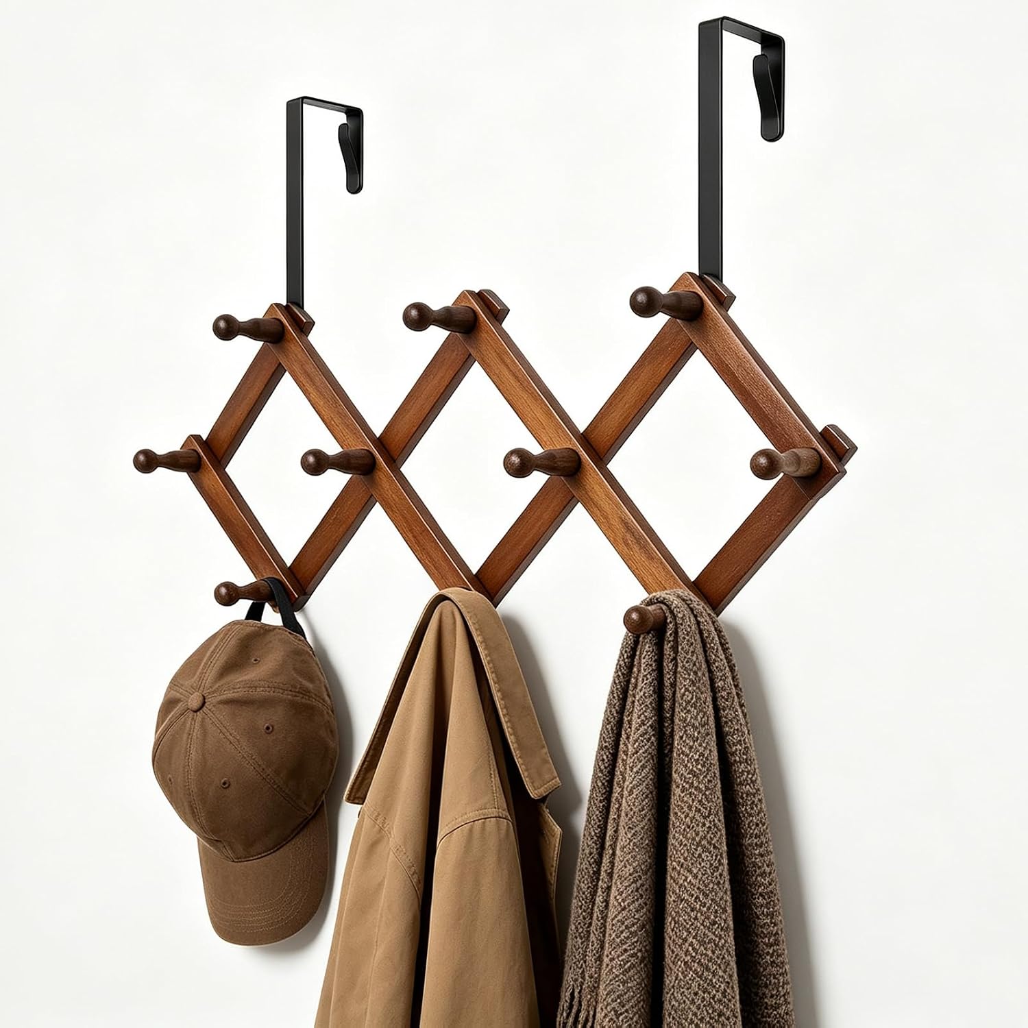 Wooden 10-Hook Over-The-Door Rack, Adjustable Width, Brown Finish
