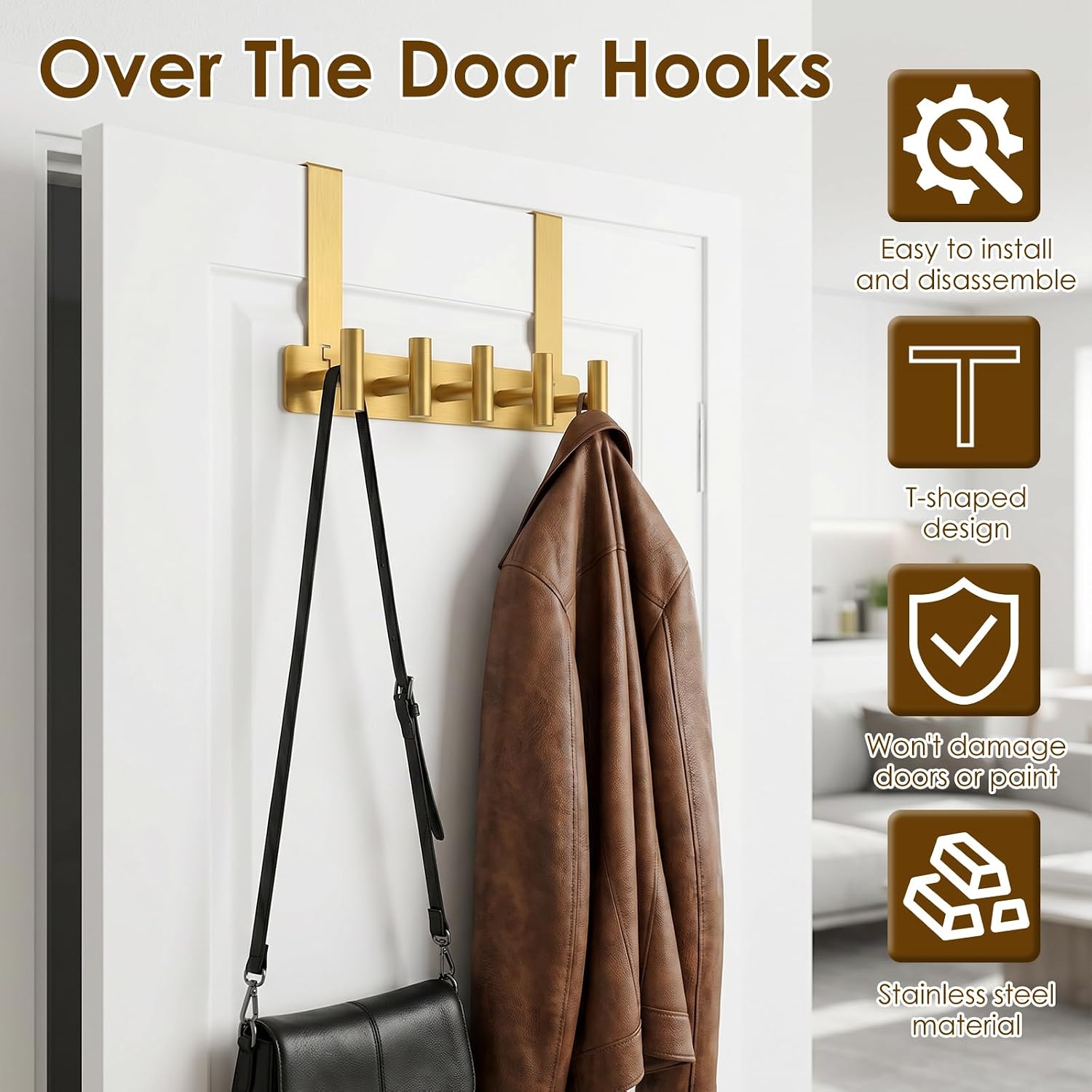 Stainless Steel 5-Hook Over-The-Door Rack With Gold-Tone Finish And Anti-Scratch Pads - Image 2