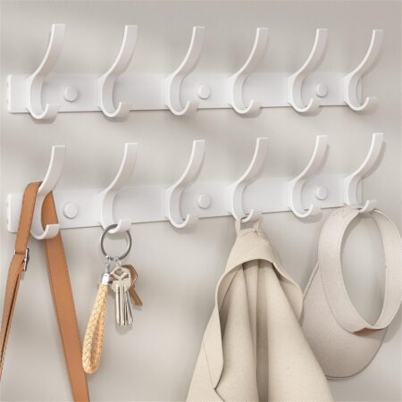 Wall-Mounted Coat And Hat Rack, 12-Hook, White, Set Of 2