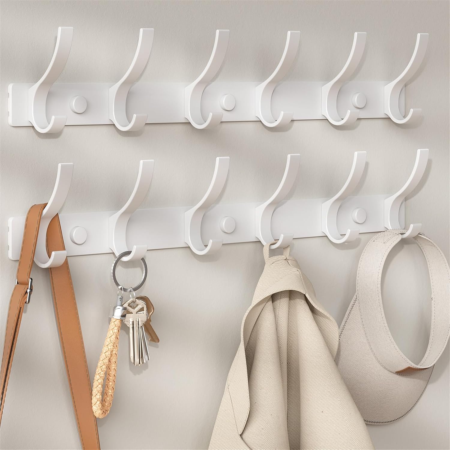 Wall-Mounted Coat And Hat Rack, 12-Hook, White, Set Of 2