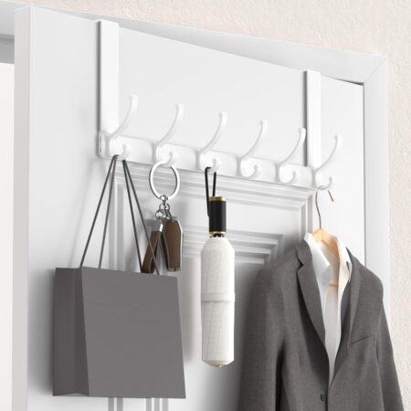 Over-The-Door Hook Rack With Extended Arms, 6-Double-Hook Towel Rack In Bright White