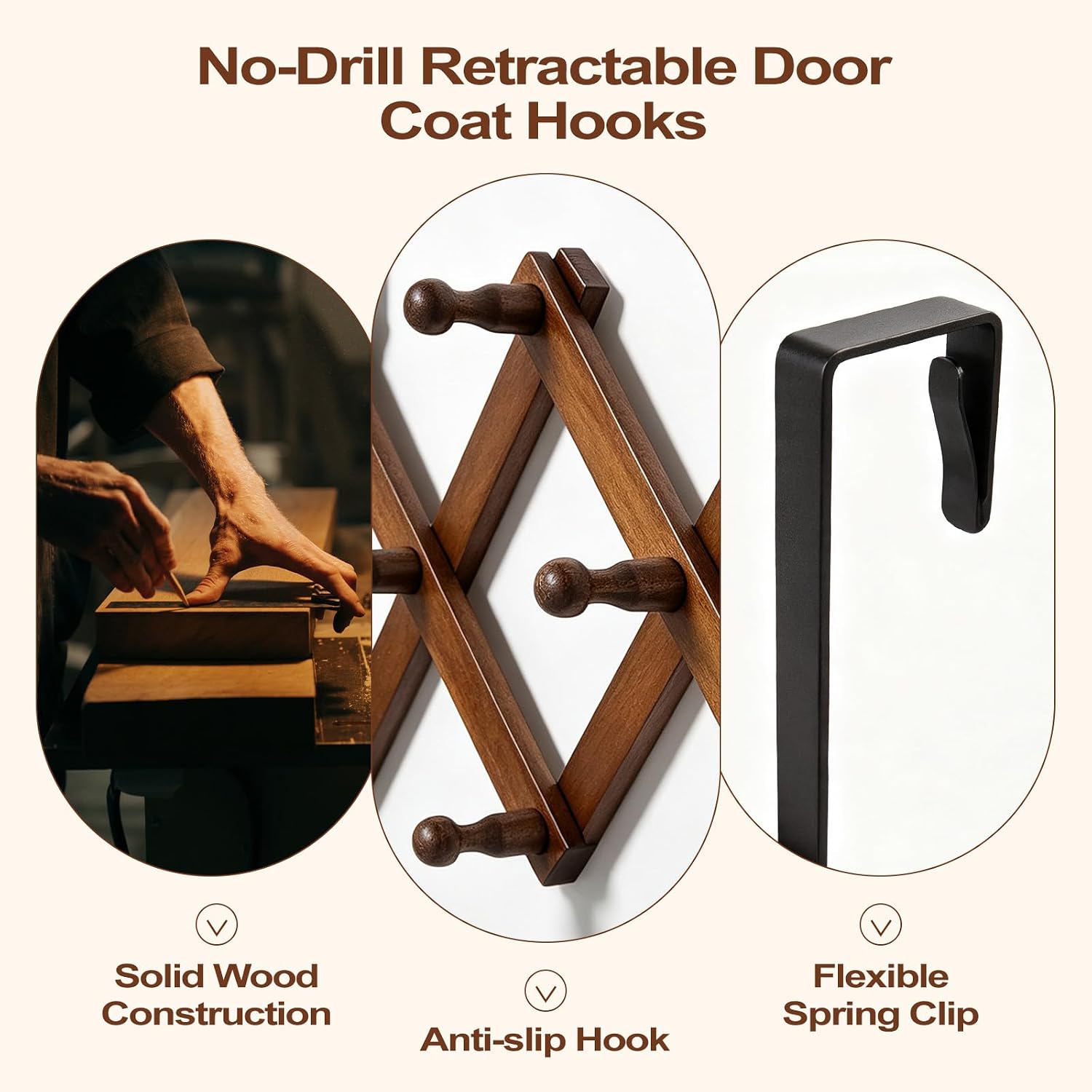 Wooden 10-Hook Over-The-Door Rack, Adjustable Width, Brown Finish - Image 2