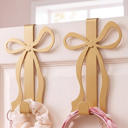 Gold-Colored Bow-Shaped Over-The-Door Hooks, Metal, Set Of 2