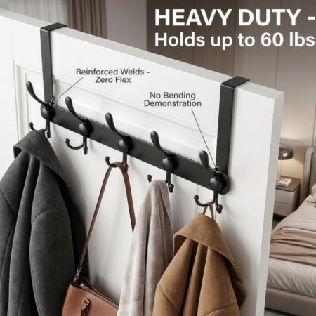 Over-The-Door Coat And Hat Rack; Heavy-Duty, Black, 2-Piece Set