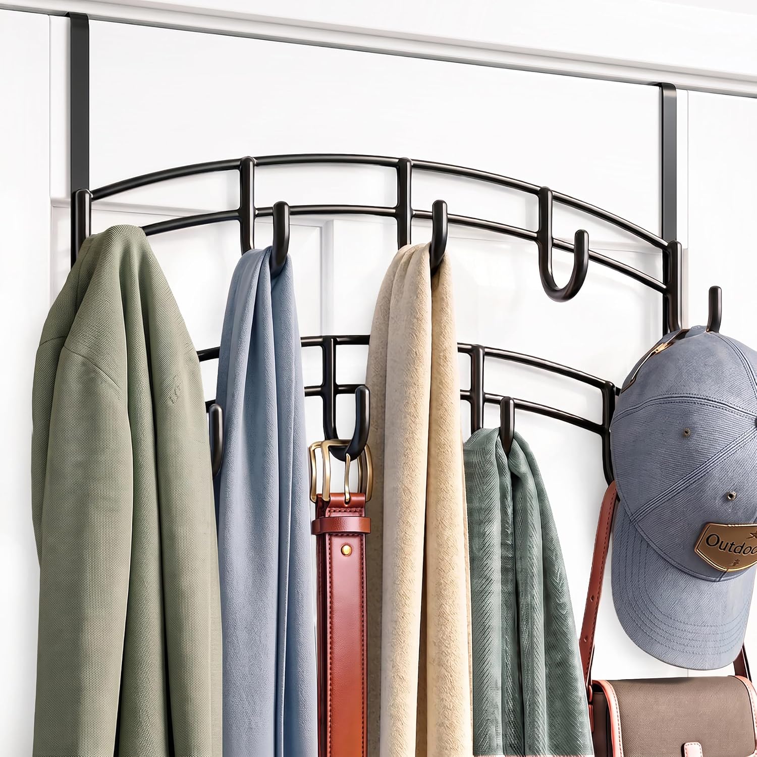 9-Hook Over-The-Door Rack, Black, For Coats And Hats